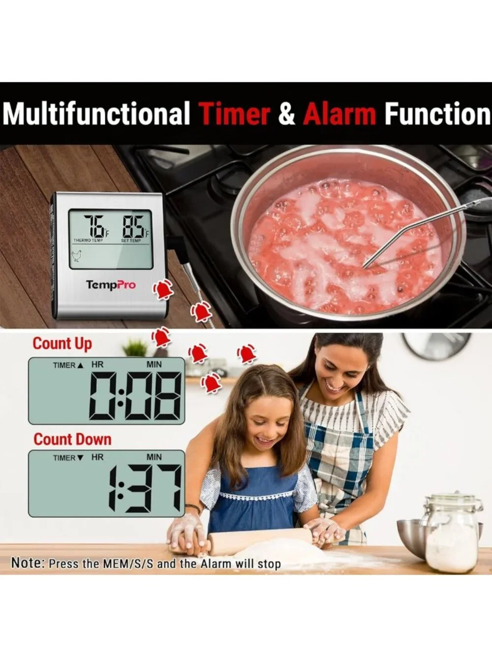 Large LCD Digital Meat Thermometer for BBQ, Grill & Oven - Cooking Timer & Probe